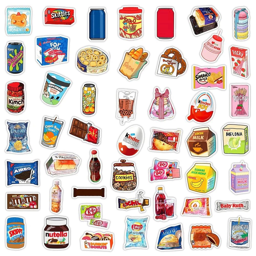 10/30/50pcs Kawaii Cartoon Snack Food Stickers Packaging Waterproof Graffiti Laptop Phone Bike Cute DIY Decals Sticker Toys