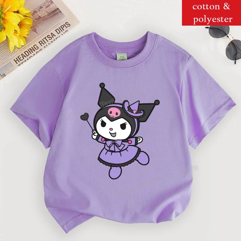 Kuromi T Shirt for Girl Sanrios Cartoon Children Clothes Korean Purple Kids T Shirt Short Sleeve Summer Casual Toddler Tee Tops