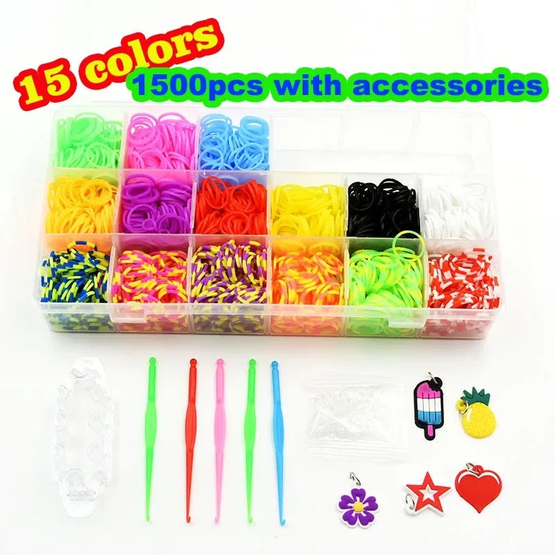 1800pcs Colorful Rubber Loom Bands Elastic DIY Set Box Girls Gift Weaving Bracelet Tool Kit Kids Toys for Children 7 8 10 Years