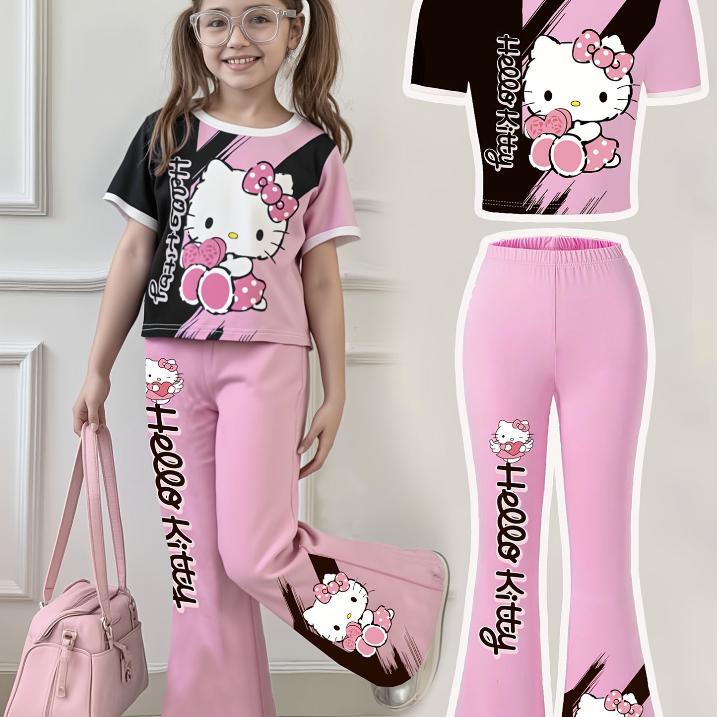 Sanrio Hello Kitty Girls' Heart Bow Short Sleeve Round Neck T-Shirt + Fitted Flare Pants Two-Piece Set, for Teenager