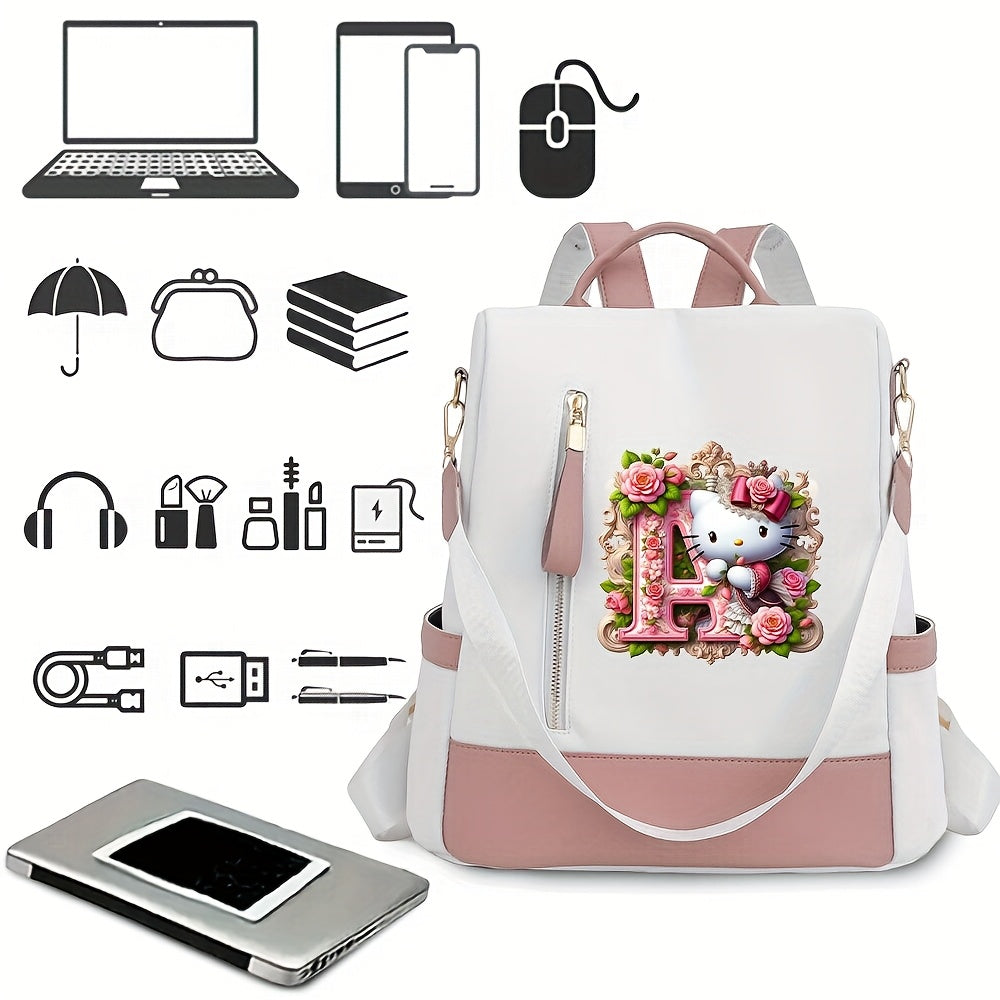 Sanrio Hello Kitty Backpack with Floral Initials - Pastel Pink accents, Spacious School & Travel Bag, Adjustable Shoulder Straps, Zipper Closure Compartments - Cute Sanrio Collectible Gift for Girls &, Cute Backpack, Casual O