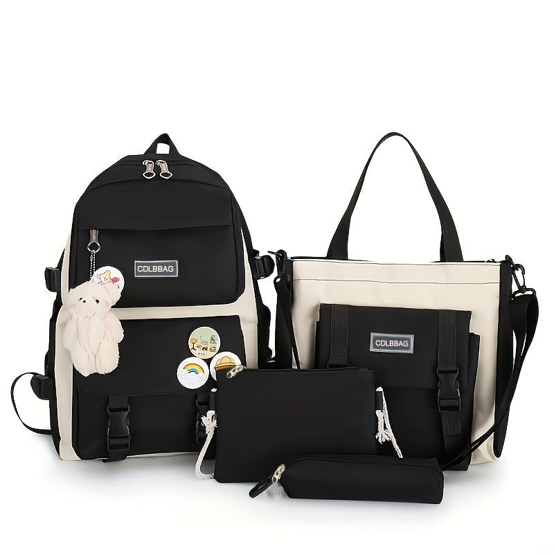 4pcs/ set Simple Casual Backpack Large Capacity Schoolbag Travel Bag Canvas Shoulder Bag, For Teenager