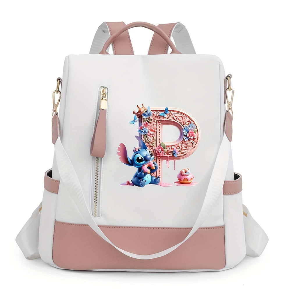 Stitch Backpack with A-Z Letter Print - Durable Polyester, Adjustable Straps, Spacious Design for Daily Commute, Work, Travel & Shopping - Stylish & Functional Backpack for Fans, Perfect Birthday Gift, Cute Backpack, For Teen