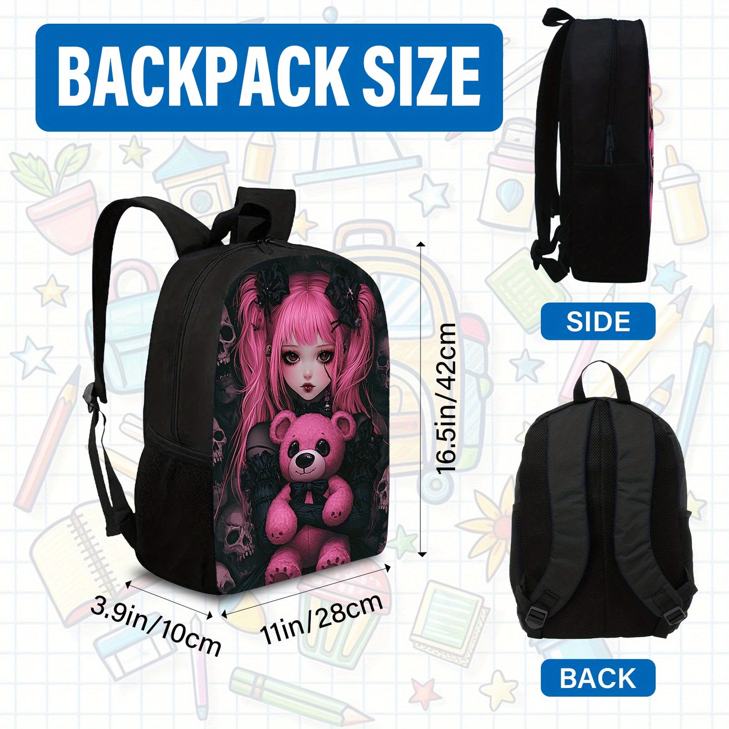 Gothic Kawaii Backpack Set, Durable and Lightweight, Large Capacity, Multi-Purpose, Perfect for School, Daily Use, or Gift Giving, Includes Matching Lunch Bag and Pencil Case, Back-to-School, For Teenager