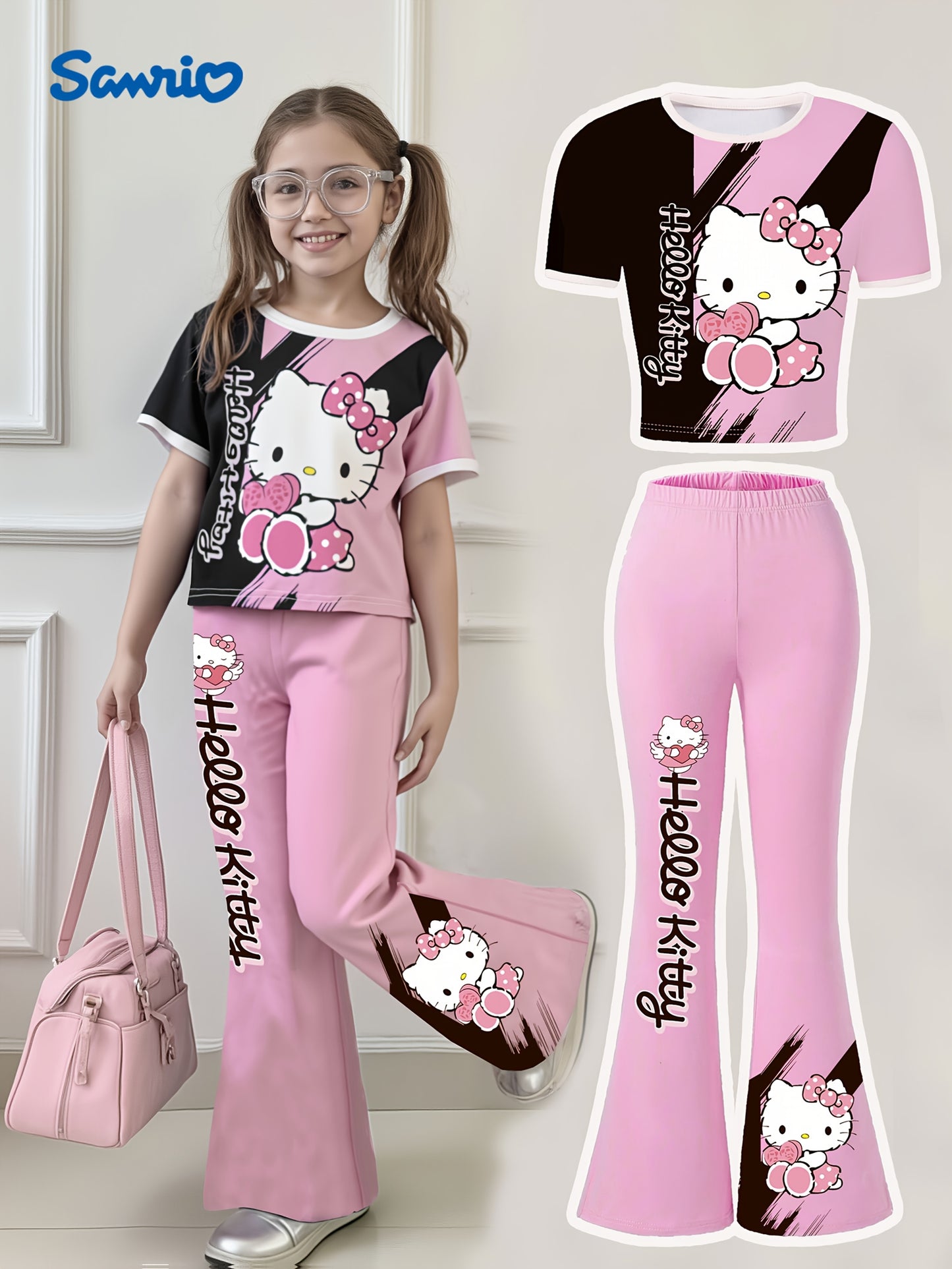 Sanrio Hello Kitty Girls' Heart Bow Short Sleeve Round Neck T-Shirt + Fitted Flare Pants Two-Piece Set, for Teenager