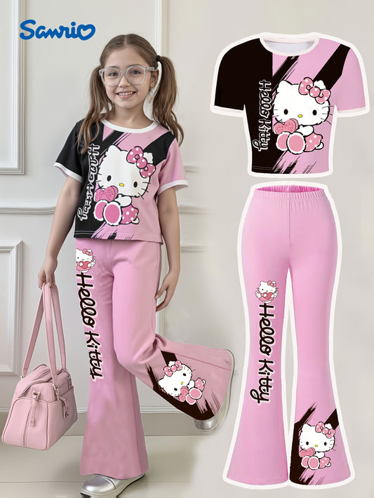 Sanrio Hello Kitty Girls' Heart Bow Short Sleeve Round Neck T-Shirt + Fitted Flare Pants Two-Piece Set, for Teenager