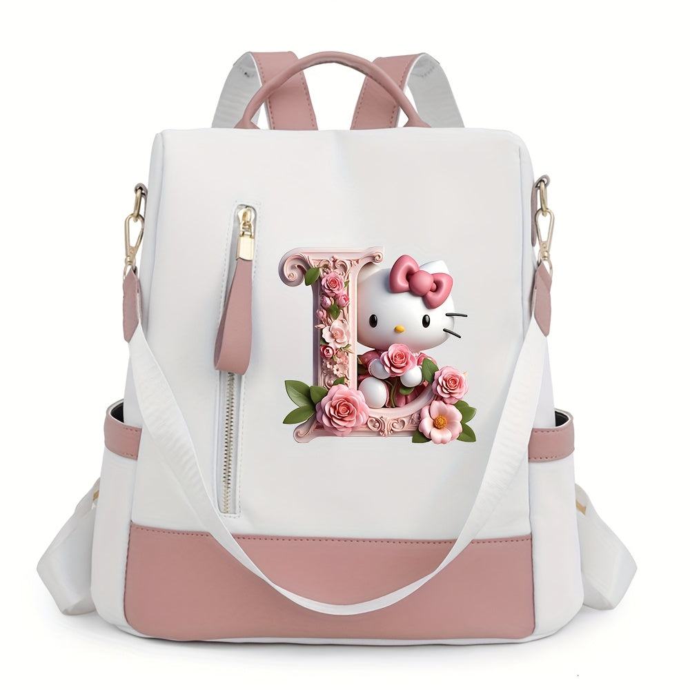 Sanrio Hello Kitty Backpack with Floral Initials - Pastel Pink accents, Spacious School & Travel Bag, Adjustable Shoulder Straps, Zipper Closure Compartments - Cute Sanrio Collectible Gift for Girls &, Cute Backpack, Casual O