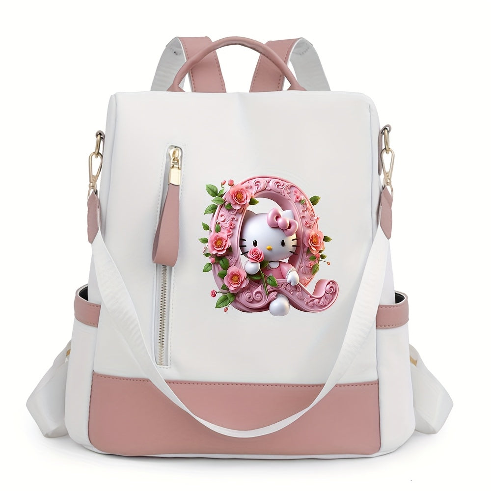Sanrio Hello Kitty Backpack with Floral Initials - Pastel Pink accents, Spacious School & Travel Bag, Adjustable Shoulder Straps, Zipper Closure Compartments - Cute Sanrio Collectible Gift for Girls &, Cute Backpack, Casual O