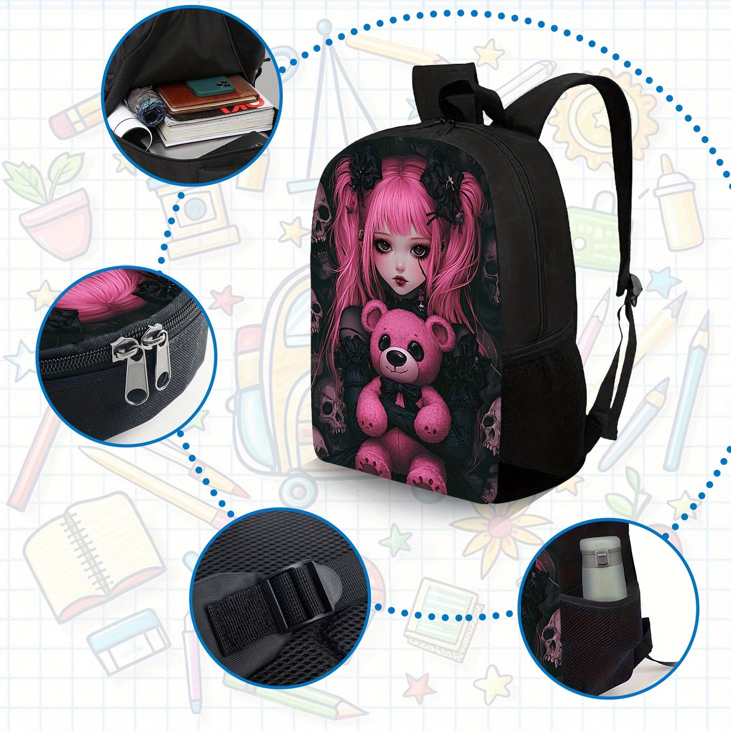 Gothic Kawaii Backpack Set, Durable and Lightweight, Large Capacity, Multi-Purpose, Perfect for School, Daily Use, or Gift Giving, Includes Matching Lunch Bag and Pencil Case, Back-to-School, For Teenager