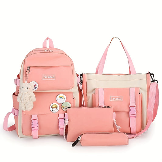 4pcs/ set Simple Casual Backpack Large Capacity Schoolbag Travel Bag Canvas Shoulder Bag, For Teenager