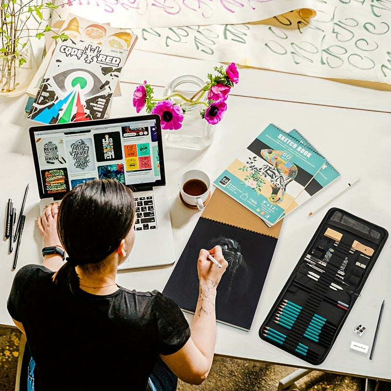 New 50pcs Sketch Tool Set, High-gloss Metal Pen, Charcoal Pen, Pencil Drawing Art Sketch Set, Artist, Teenager, Adult Gift Set, Suitable For First Day Of School Gifts, Thoughtful Gifts For Partners And Family Members