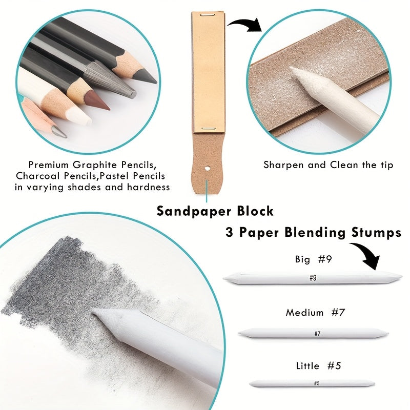 New 50pcs Sketch Tool Set, High-gloss Metal Pen, Charcoal Pen, Pencil Drawing Art Sketch Set, Artist, Teenager, Adult Gift Set, Suitable For First Day Of School Gifts, Thoughtful Gifts For Partners And Family Members