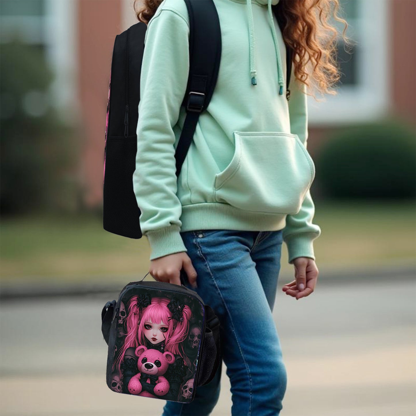 Gothic Kawaii Backpack Set, Durable and Lightweight, Large Capacity, Multi-Purpose, Perfect for School, Daily Use, or Gift Giving, Includes Matching Lunch Bag and Pencil Case, Back-to-School, For Teenager