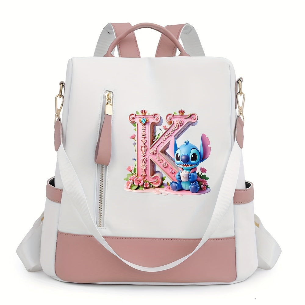 Stitch Backpack with A-Z Letter Print - Durable Polyester, Adjustable Straps, Spacious Design for Daily Commute, Work, Travel & Shopping - Stylish & Functional Backpack for Fans, Perfect Birthday Gift, Cute Backpack, For Teen