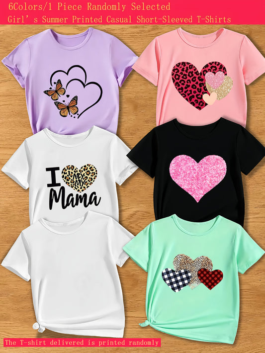 5 random colors (black, white, pink, purple, green), a girl fashion print knitted crew neck short sleeve top, fashion teen clothing, for Teenager