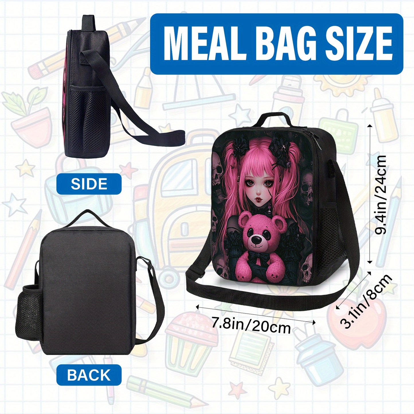 Gothic Kawaii Backpack Set, Durable and Lightweight, Large Capacity, Multi-Purpose, Perfect for School, Daily Use, or Gift Giving, Includes Matching Lunch Bag and Pencil Case, Back-to-School, For Teenager