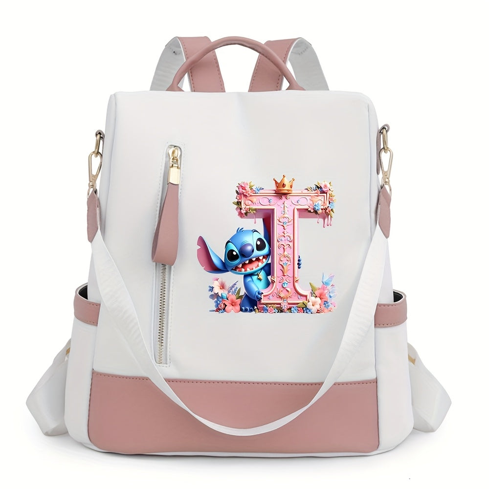 Stitch Backpack with A-Z Letter Print - Durable Polyester, Adjustable Straps, Spacious Design for Daily Commute, Work, Travel & Shopping - Stylish & Functional Backpack for Fans, Perfect Birthday Gift, Cute Backpack, For Teen