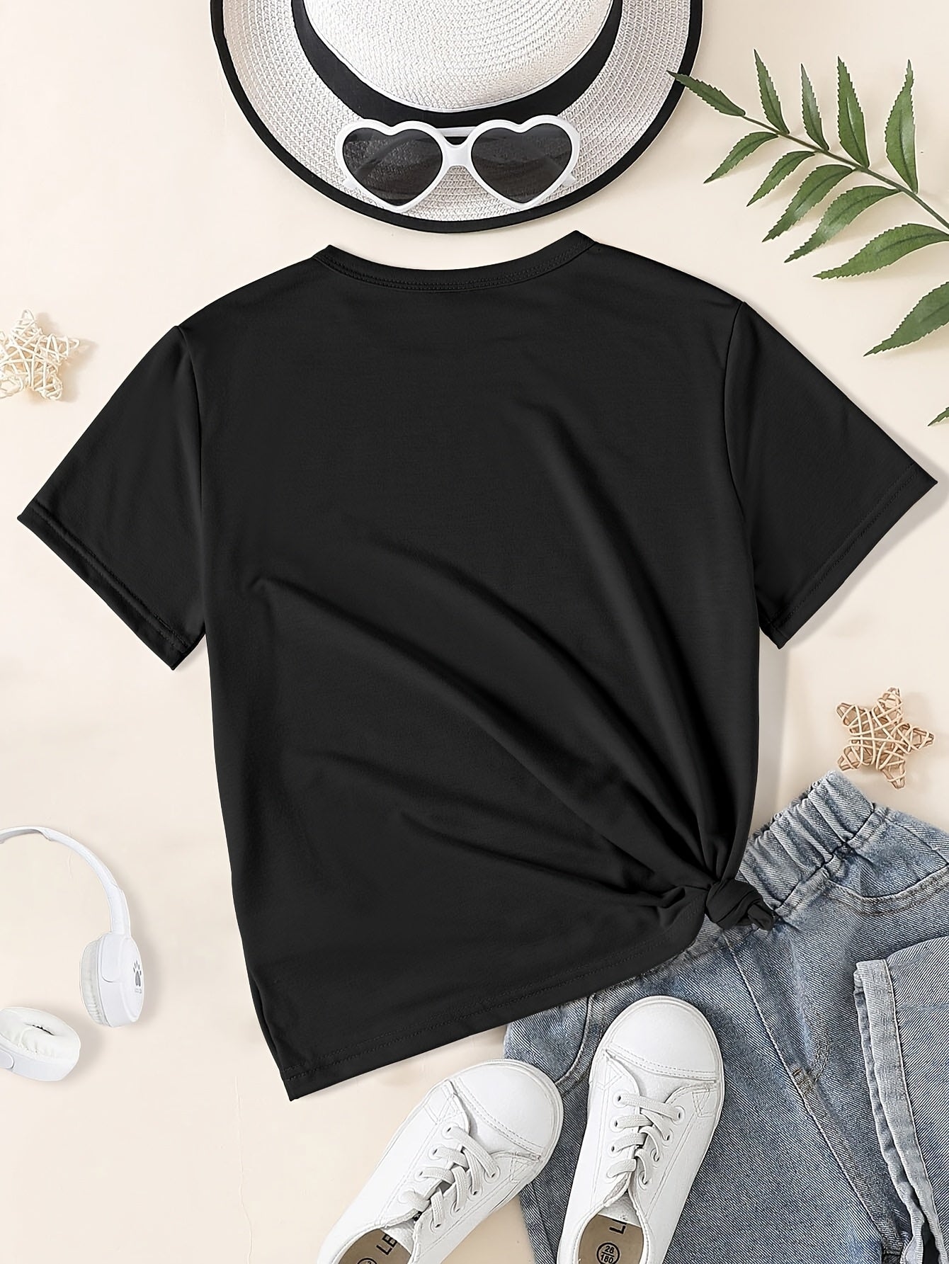 5 random colors (black, white, pink, purple, green), a girl fashion print knitted crew neck short sleeve top, fashion teen clothing, for Teenager