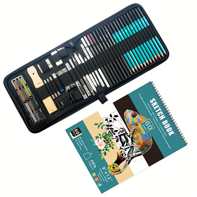 New 50pcs Sketch Tool Set, High-gloss Metal Pen, Charcoal Pen, Pencil Drawing Art Sketch Set, Artist, Teenager, Adult Gift Set, Suitable For First Day Of School Gifts, Thoughtful Gifts For Partners And Family Members
