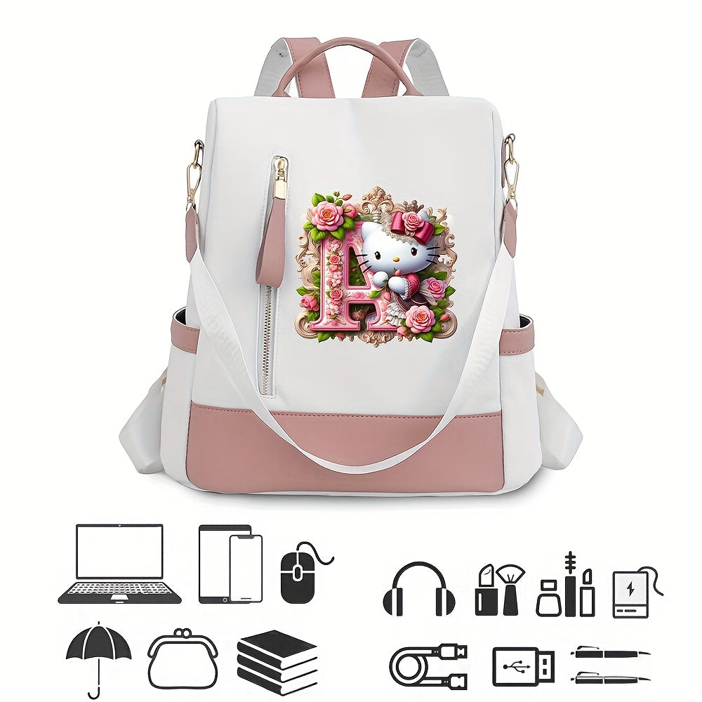 Sanrio Hello Kitty Backpack with Floral Initials - Pastel Pink accents, Spacious School & Travel Bag, Adjustable Shoulder Straps, Zipper Closure Compartments - Cute Sanrio Collectible Gift for Girls &, Cute Backpack, Casual O