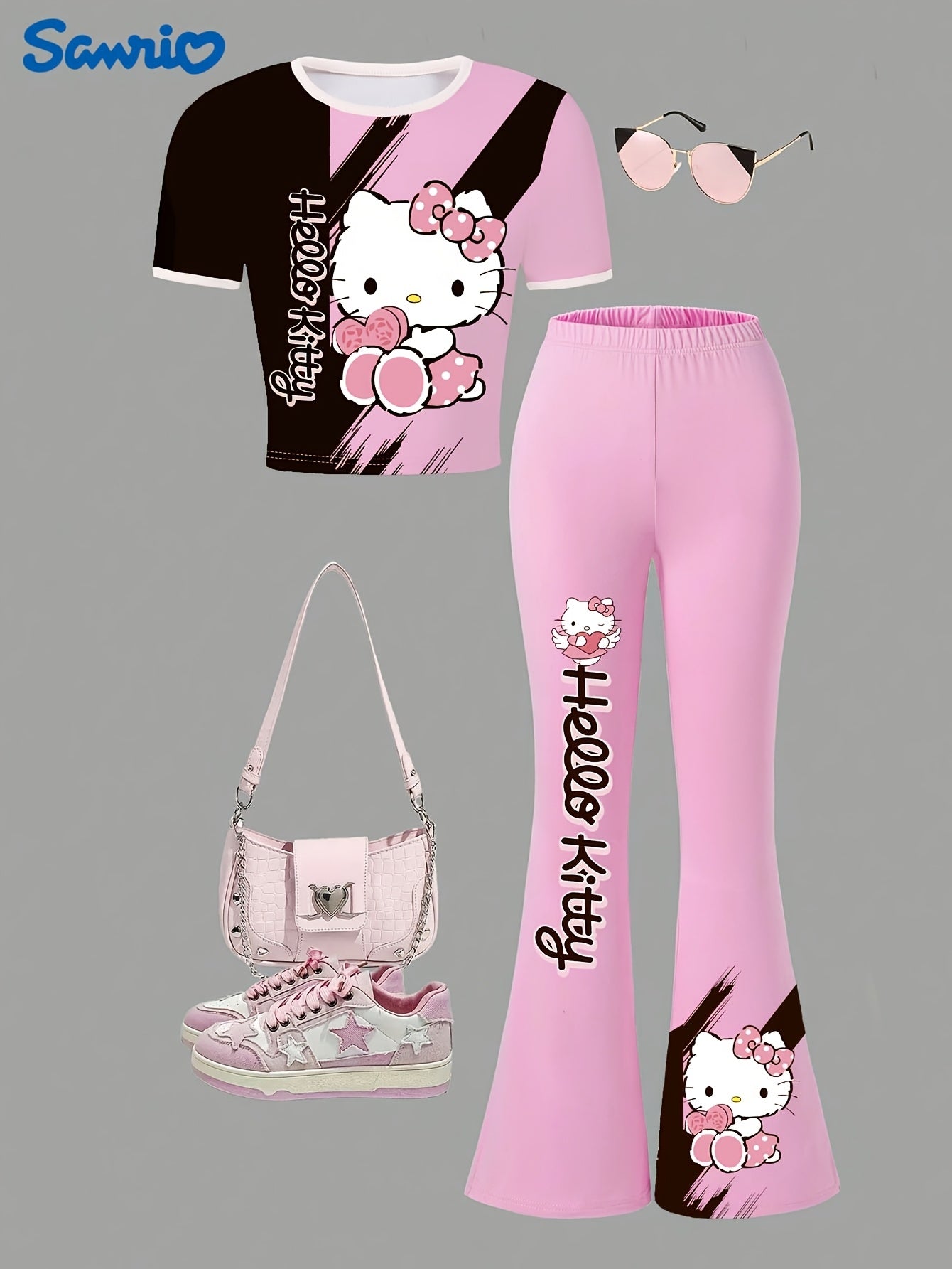 Sanrio Hello Kitty Girls' Heart Bow Short Sleeve Round Neck T-Shirt + Fitted Flare Pants Two-Piece Set, for Teenager