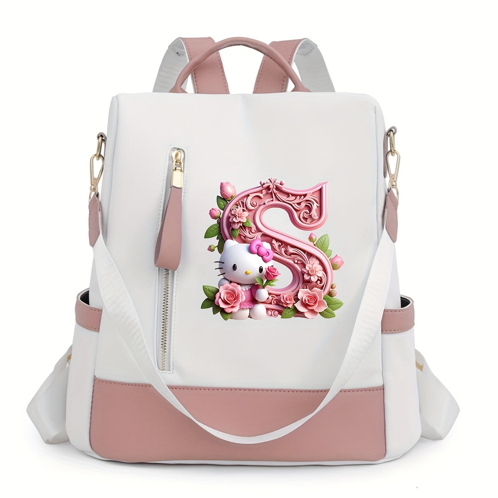 Sanrio Hello Kitty Backpack with Floral Initials - Pastel Pink accents, Spacious School & Travel Bag, Adjustable Shoulder Straps, Zipper Closure Compartments - Cute Sanrio Collectible Gift for Girls &, Cute Backpack, Casual O