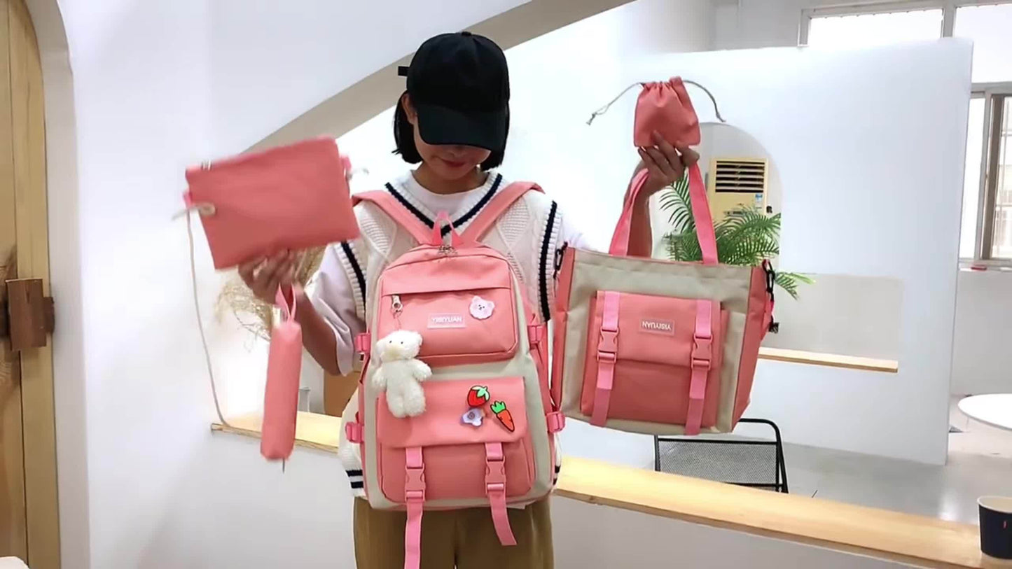 4pcs/ set Simple Casual Backpack Large Capacity Schoolbag Travel Bag Canvas Shoulder Bag, For Teenager