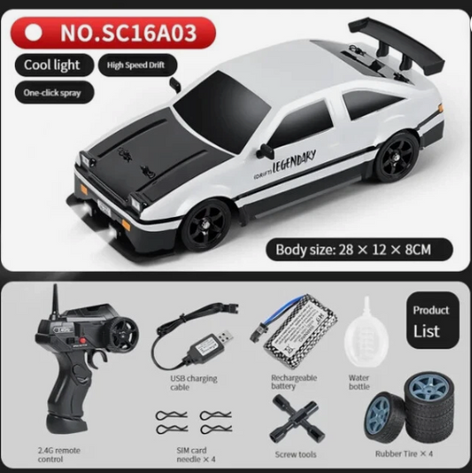 Initial D Inspired, Corolla GT Remote Control Racing Drift Car with Lights and Spray
