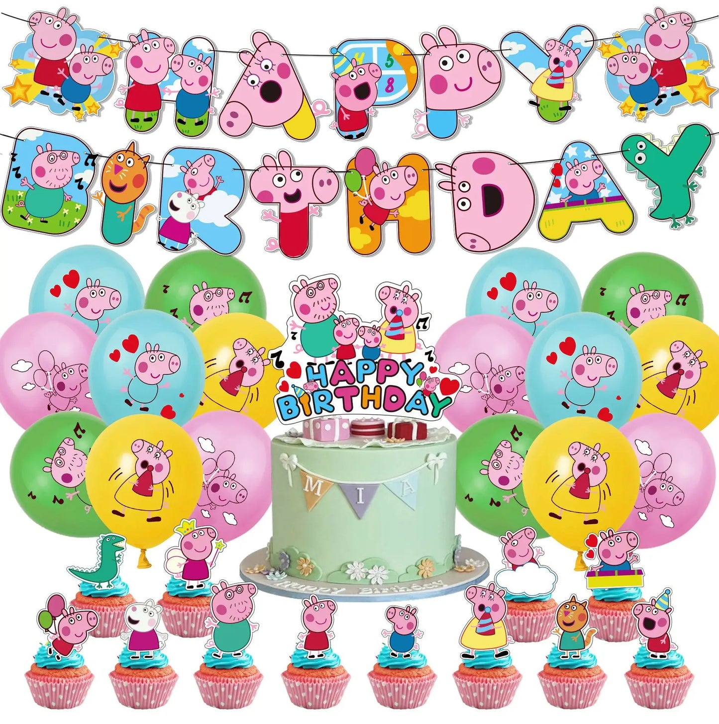 Peppa Pig Balloons Family Pink George Rebecca Susy Ballons Happy Birthday Banner Party Decoration Kids Cake Topper Tableware Toy