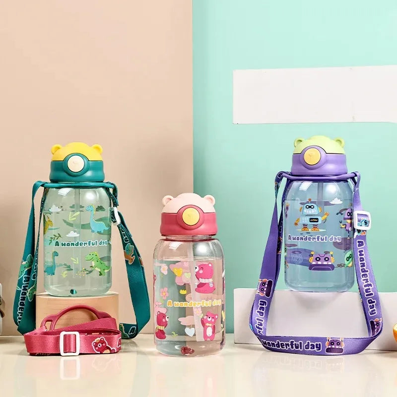 3Sizes Kids Cartoon Water Bottles Leakproof Water Sippy Cup with Straw and Strap Portable Drinking Bottle for Children School