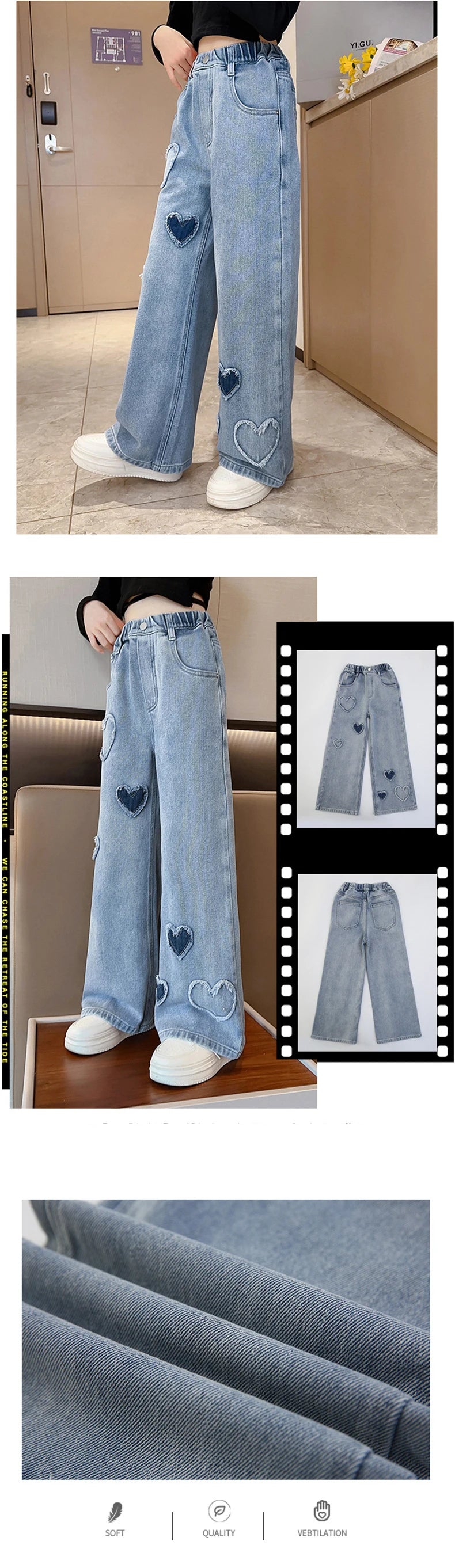 New Fashion Teenager Girls Denim Wide Leg Pants Children Trousers Spring Autumn Love Pattern Girls Jeans 5-14 Years Kids Clothes