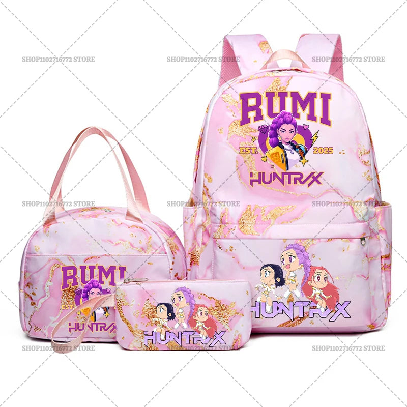 3pcs Movie Kpop Demon Hunters Backpack Lunch Bag Pencil Case Set Student Anime Fashion Schoolbag Pen Case Bento Pouch Suit Gifts