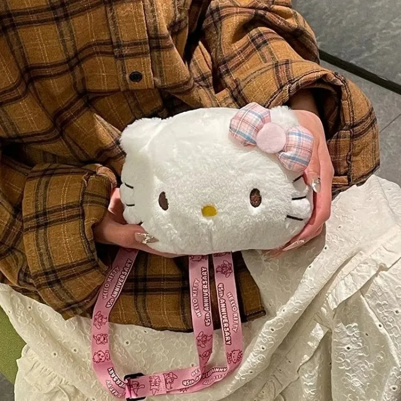 Miniso Cute Cartoon Hello Kitty Bow Crossbody Bag For Women Kawaii Fashion Plush White Kt Cat Shoulder Bag For Girls Kids Gifts