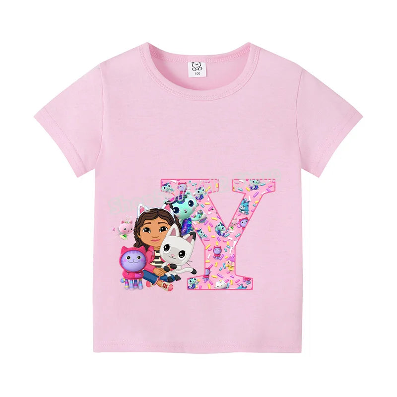 New Gabby Dollhouse T-shirt for Child A-Z Letters Tee Fashion Tops Cute Cartoon Girl Clothes Anime Kids Summer Short Sleeve Gift