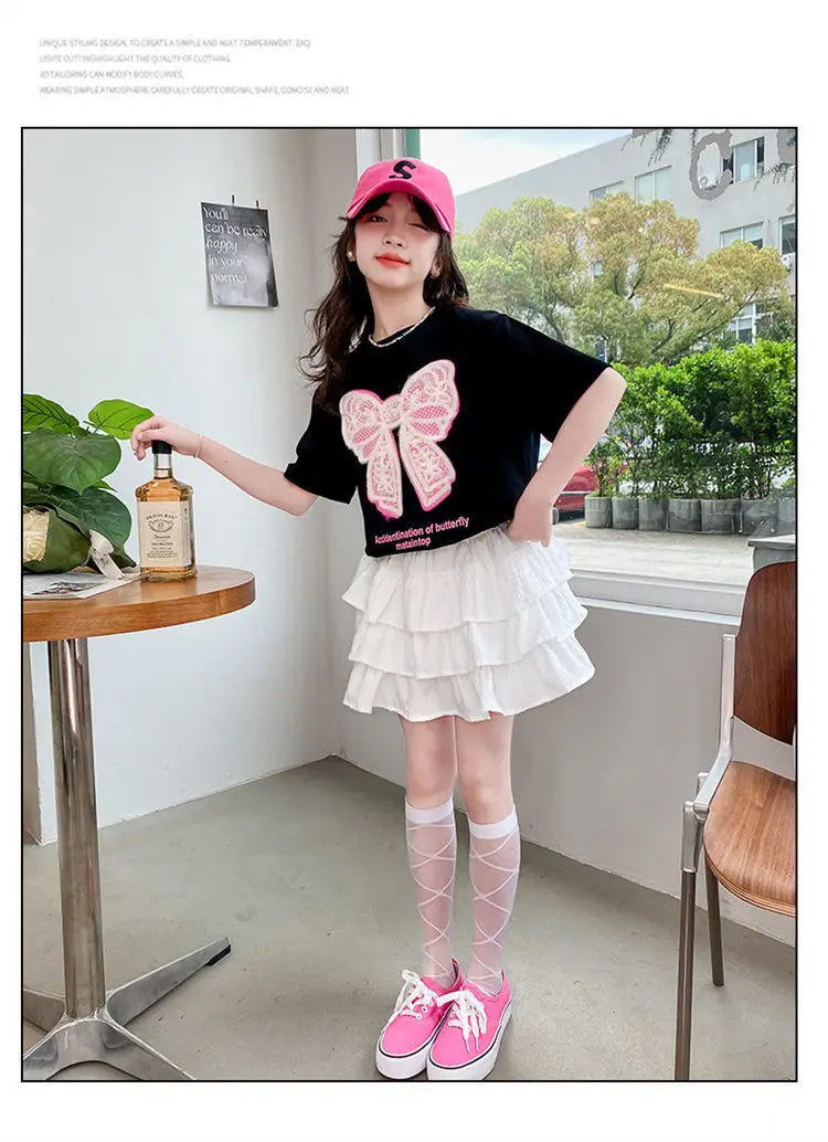 2025 teenager Summer Kids Girls clothes short Sleeve cotton crop top bow t-Shirt top and Tiered Pleated Skirt 5 6 7 8 9 12 year