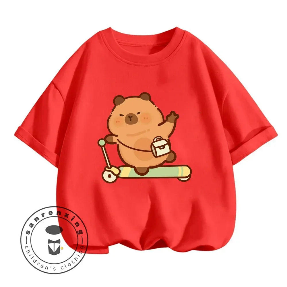 Sanrio Kids Summer T-shirt Cute Capybara Print Cotton Short Sleeve/Shorts Fashion Set for Boys and Girls