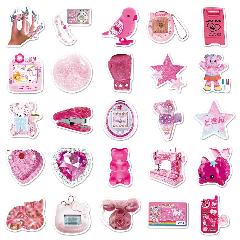 10/30/50pcs Cool Pink Y2K Kawaii Girls Stickers Aesthetic Cartoon Decoration Decals DIY Laptop Phone Graffiti Kids Sticker Toys