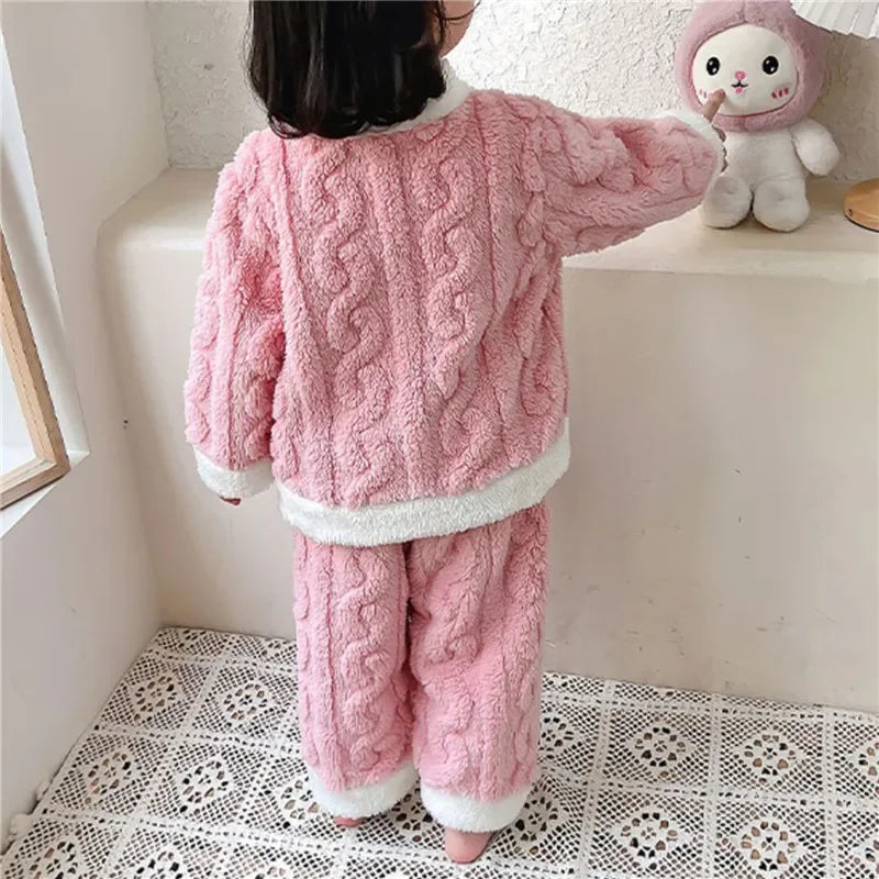 Autumn Winter Children Sleepwear Baby Pajamas Set Thick Flannel Fleece Child Sleepwear 2Pcs Sets Warm Home Suits Kids Clothes