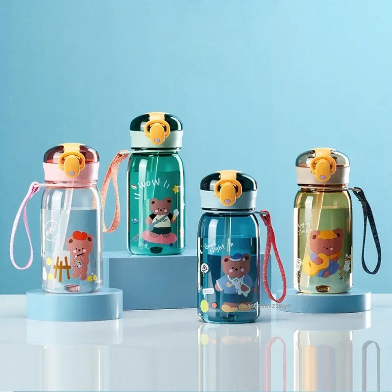 3Sizes Kids Cartoon Water Bottles Leakproof Water Sippy Cup with Straw and Strap Portable Drinking Bottle for Children School