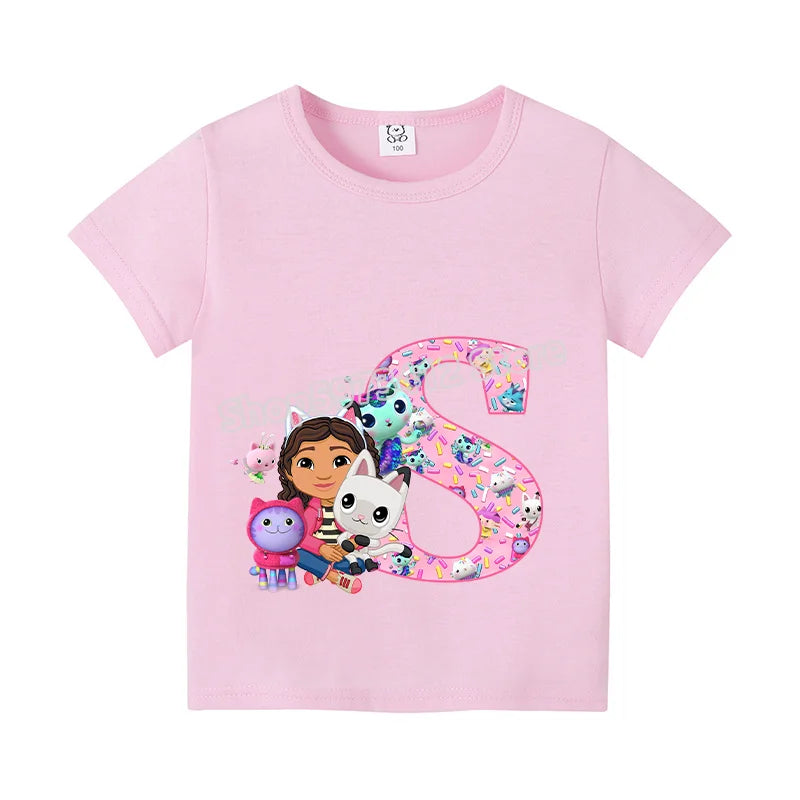 New Gabby Dollhouse T-shirt for Child A-Z Letters Tee Fashion Tops Cute Cartoon Girl Clothes Anime Kids Summer Short Sleeve Gift
