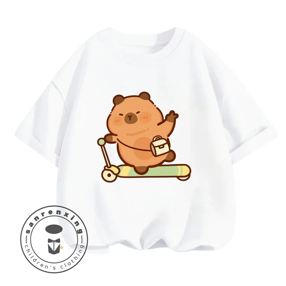 Sanrio Kids Summer T-shirt Cute Capybara Print Cotton Short Sleeve/Shorts Fashion Set for Boys and Girls
