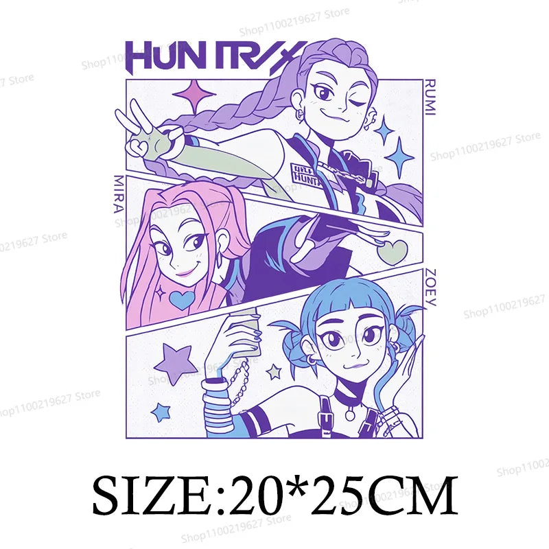 Kpop Demon Hunters Cartoon Patches for Clothes Vynil Heat Transfer Thermal Stickers DIY Kids T shirt Iron on for Women Appliqued