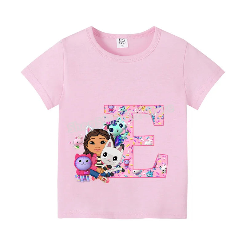New Gabby Dollhouse T-shirt for Child A-Z Letters Tee Fashion Tops Cute Cartoon Girl Clothes Anime Kids Summer Short Sleeve Gift