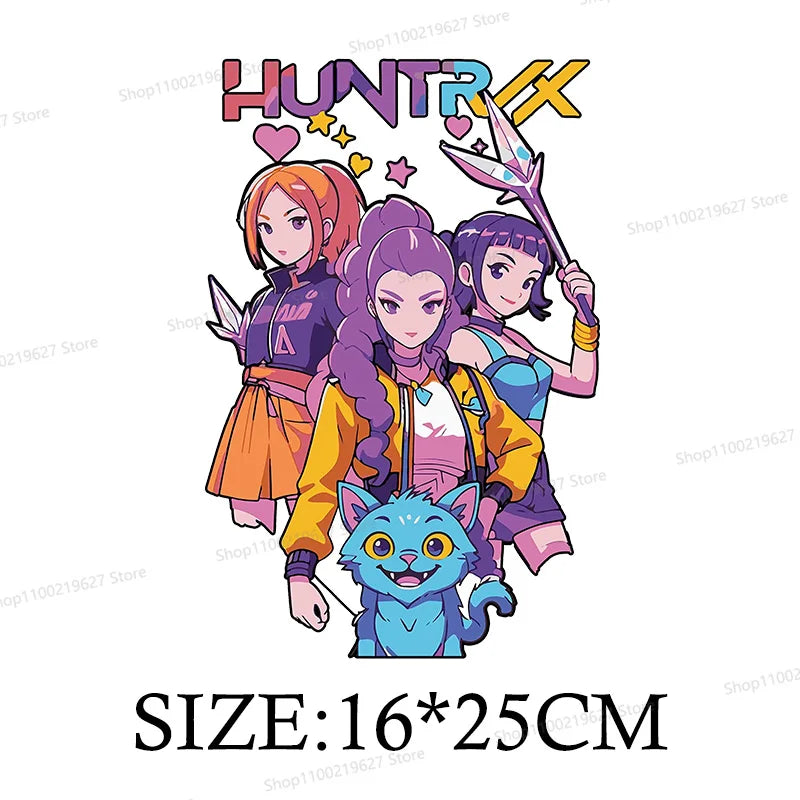 Kpop Demon Hunters Cartoon Patches for Clothes Vynil Heat Transfer Thermal Stickers DIY Kids T shirt Iron on for Women Appliqued