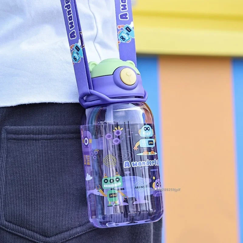 3Sizes Kids Cartoon Water Bottles Leakproof Water Sippy Cup with Straw and Strap Portable Drinking Bottle for Children School