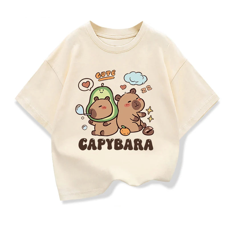 Cute Capibara Printed Cartoon T Shirt For Kids 2025 New Children's Summer Clothes Loose Short Sleeve T-shirts Kids Cotton Tee