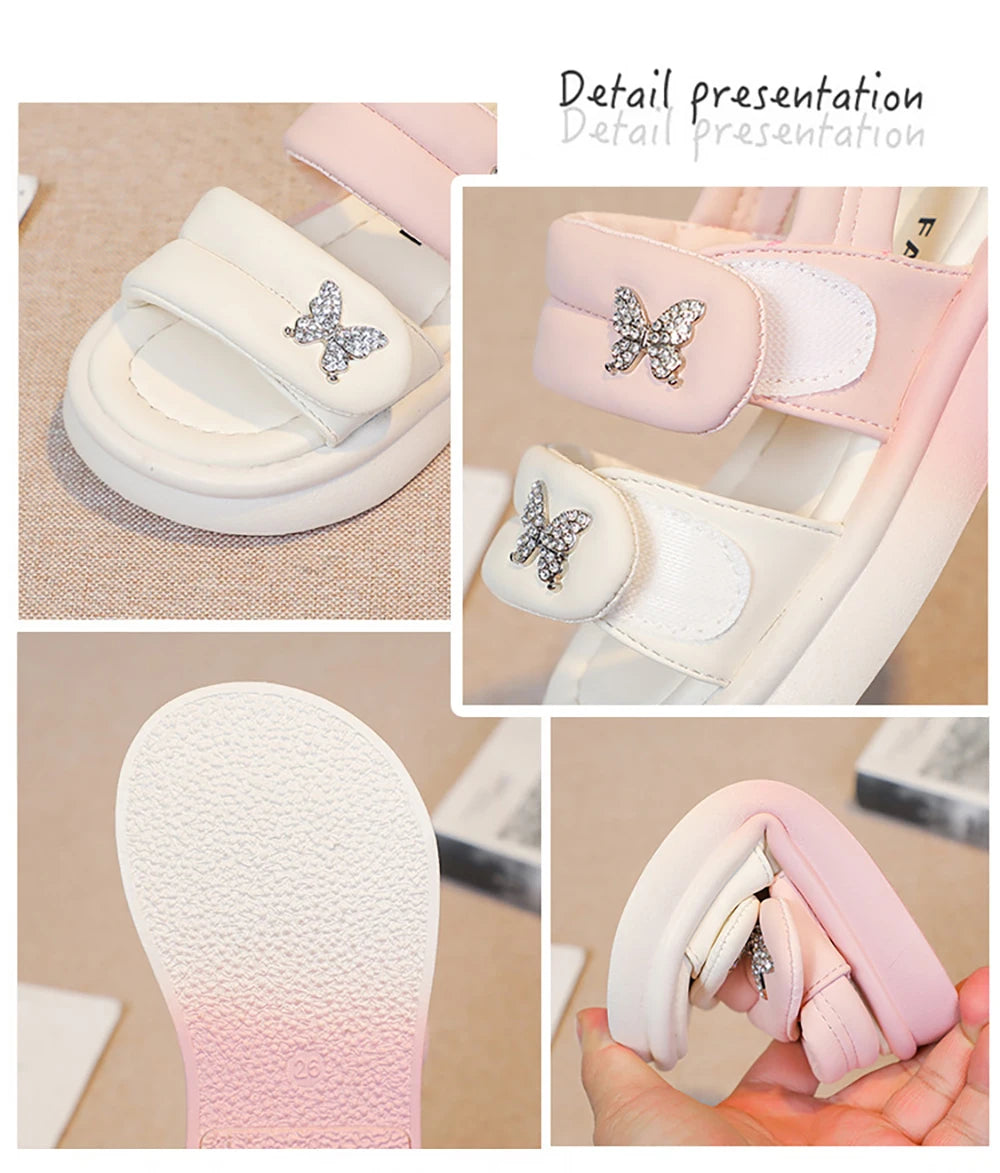 Korean Style Princess Sandals For Girls Rhinestone Butterfly Teenager Girl's Sandals Trend Fashion Teenager Beach Sandals Kids
