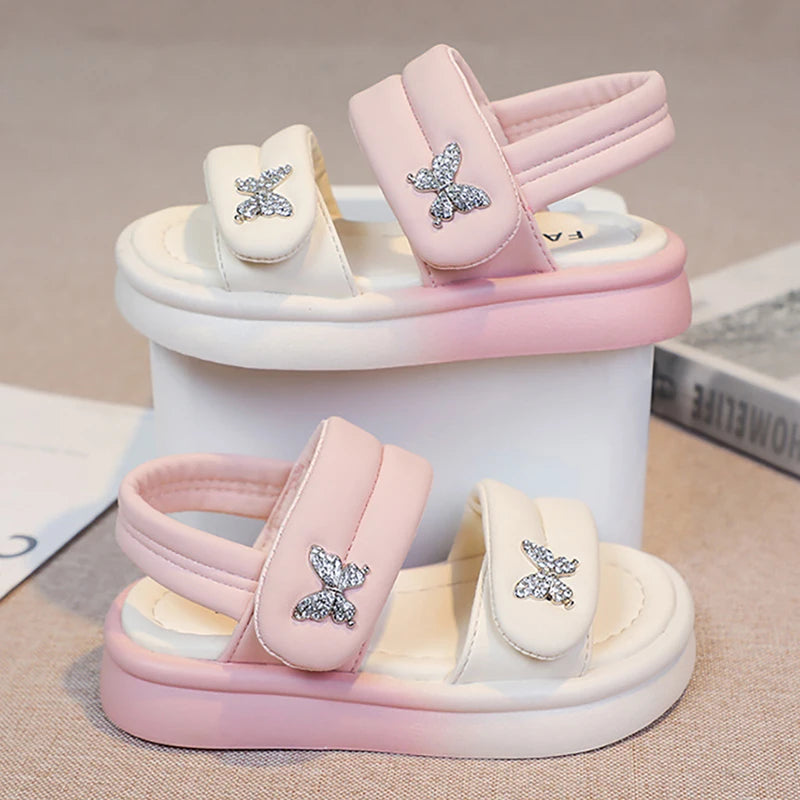 Korean Style Princess Sandals For Girls Rhinestone Butterfly Teenager Girl's Sandals Trend Fashion Teenager Beach Sandals Kids