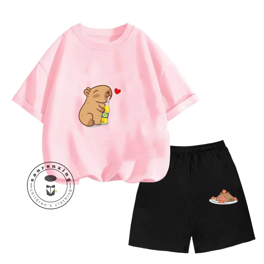 Sanrio Kids Summer T-shirt Cute Capybara Print Cotton Short Sleeve/Shorts Fashion Set for Boys and Girls