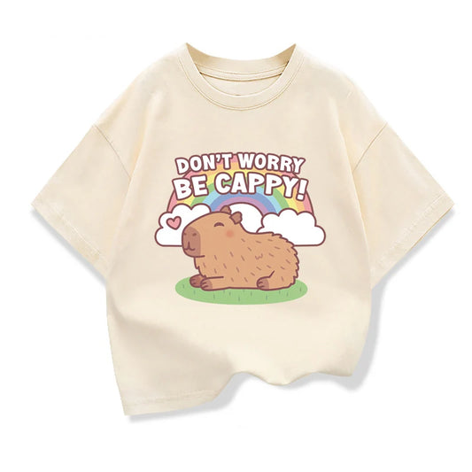 Cute Capibara Printed Cartoon T Shirt For Kids 2025 New Children's Summer Clothes Loose Short Sleeve T-shirts Kids Cotton Tee